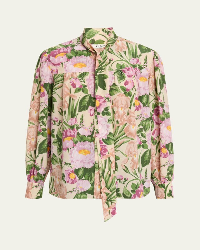 Floral Silk Neck-Tie Button-Down Blouse